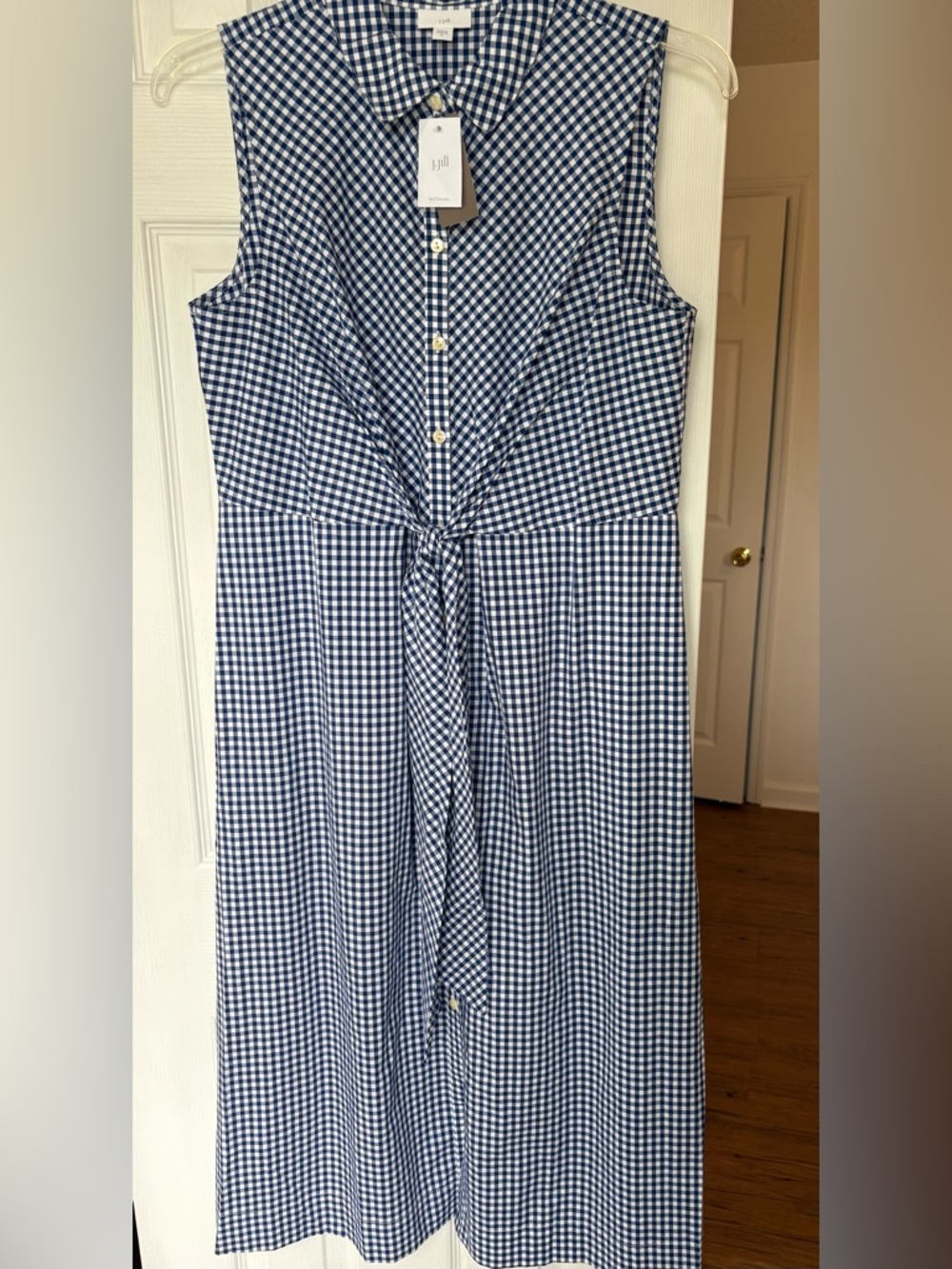 J. Jill Navy and White Gingham Tie-Front Midi Dress